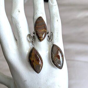 NWT Russian Russia Sterling Silver 925 Brown Grey Jasper Earrings And Ring Set